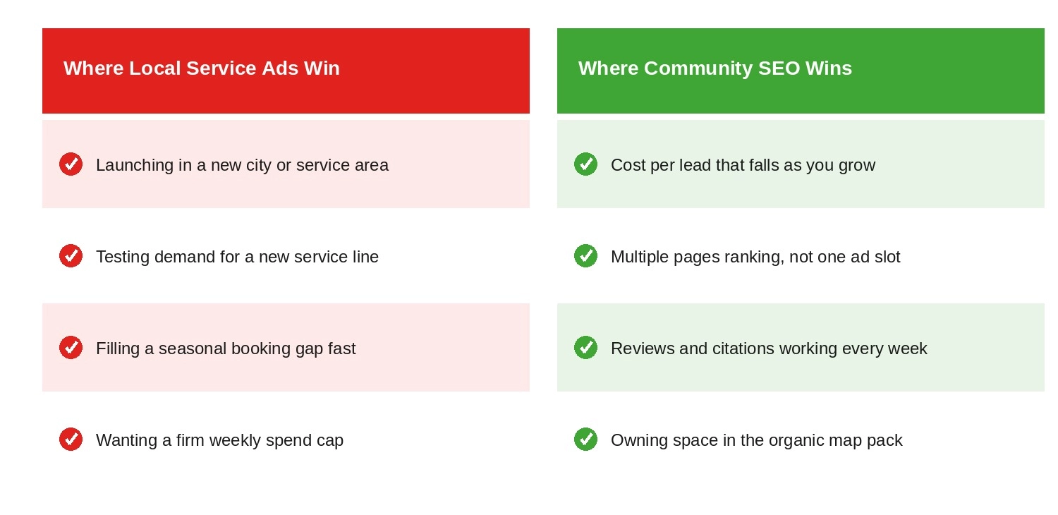 Two Column Checklist Showing Which Situations Favour Local Service Ads Versus Community SEO
